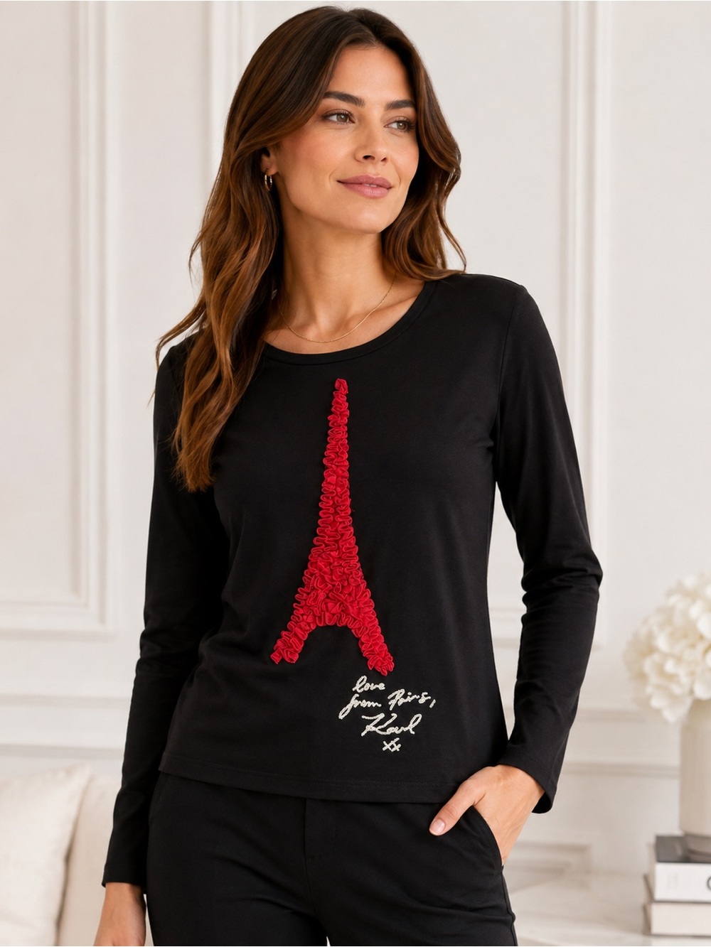 Karl Lagerfeld Black Long-Sleeve Tee with Red Eiffel Tower Appliqué